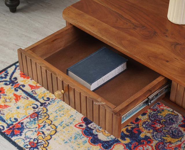 Eiffel Solid Wood Coffee Table Two Drawer - Coffee Table - Furniselan - Brown Finish