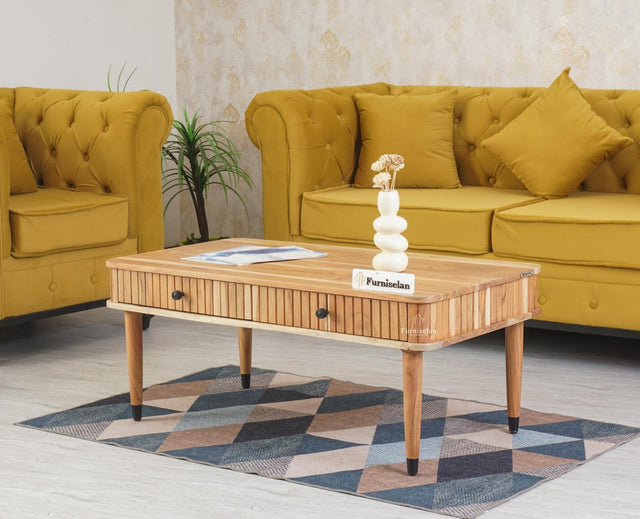 Eiffel Solid Wood Coffee Table Two Drawer - Coffee Table - Furniselan - Natural-Finish