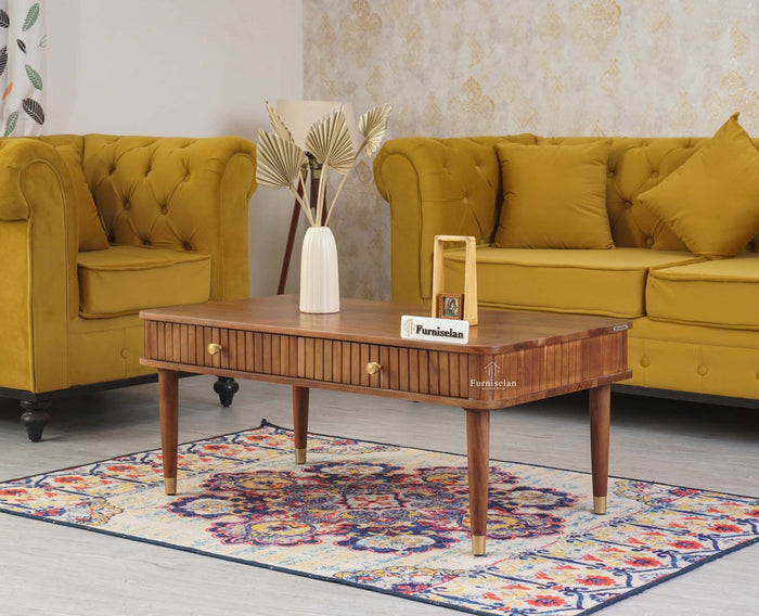 Eiffel Solid Wood Coffee Table Two Drawer - Coffee Table - Furniselan - Teak Finish