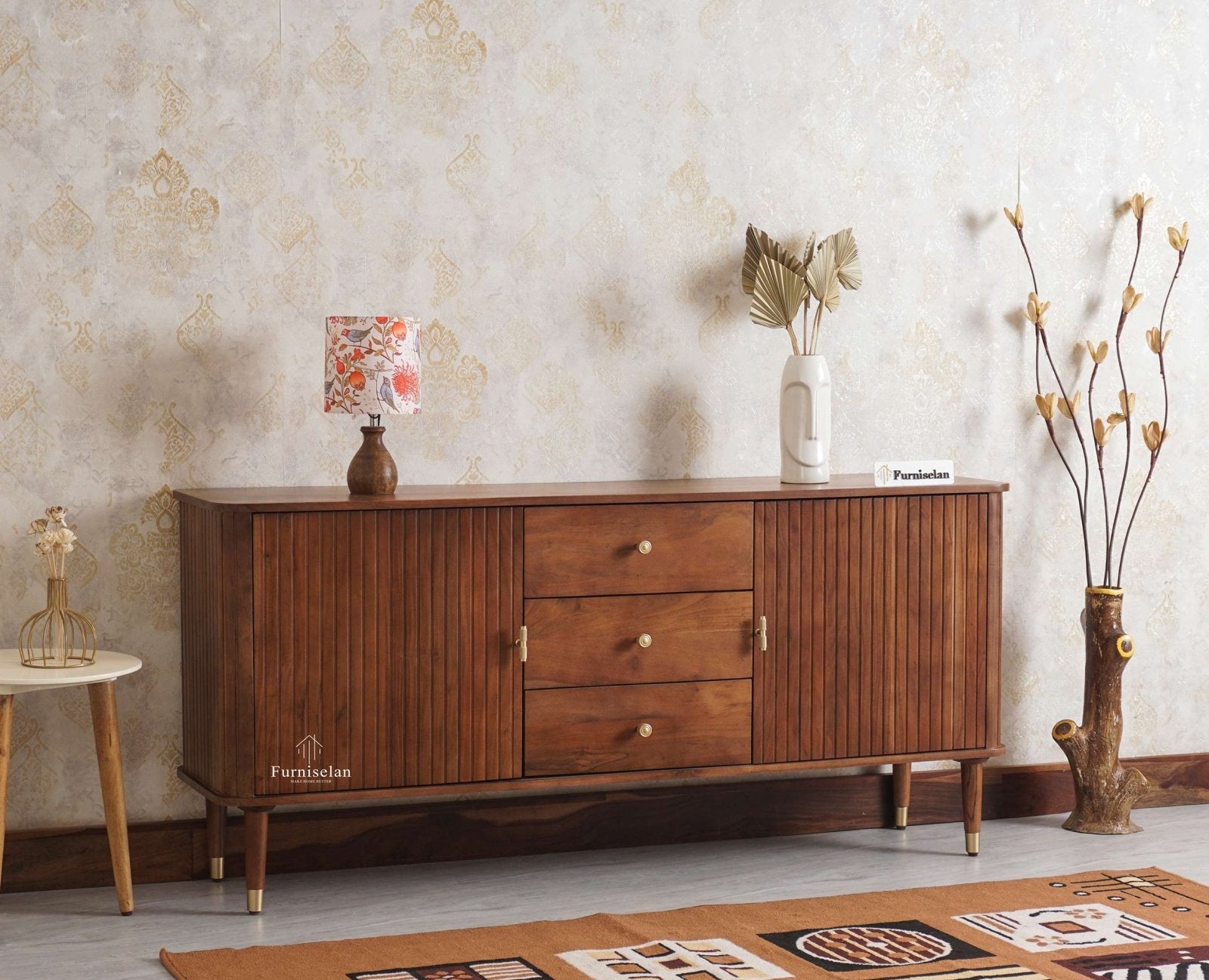Eiffel Solid Wood Sideboard Cabinet Two Doors and Three Drawers  Furniselan - Teak-Finish