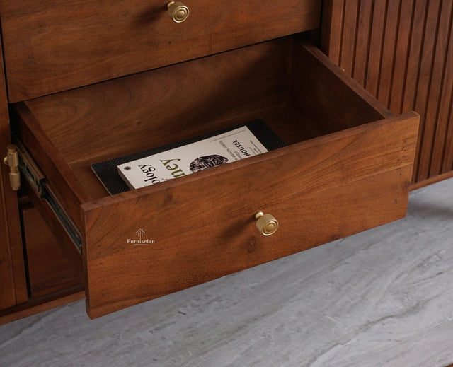 Eiffel Solid Wood Sideboard Cabinet Two Doors and Three Drawers  Furniselan - Brown Finish