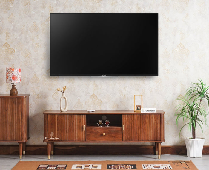 Eiffel Solid Wood TV Cabinet Two Door & One Drawer - Tv Cabinet - Furniselan - Teak Finish