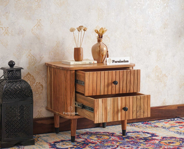 Eiffel Solid Wood Two Door Bedside Table - Bedside Table - Furniselan-Natural-Finish