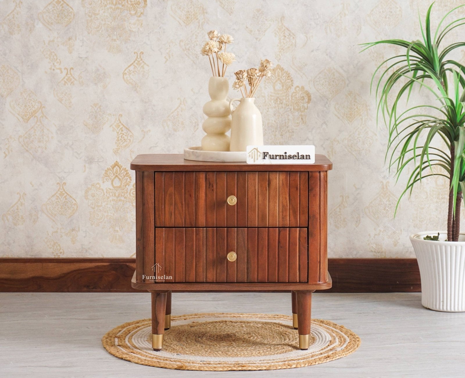 Eiffel Solid Wood Two Door Bedside Table - Bedside Table - Furniselan-Teak-Finish