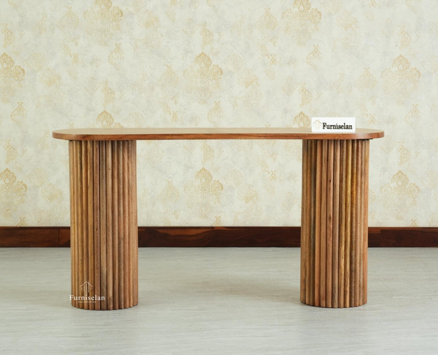 Elara Solid Wood Fluted Column Console Table for Living Room, Hallway & Entryway - Natural Oak Finish