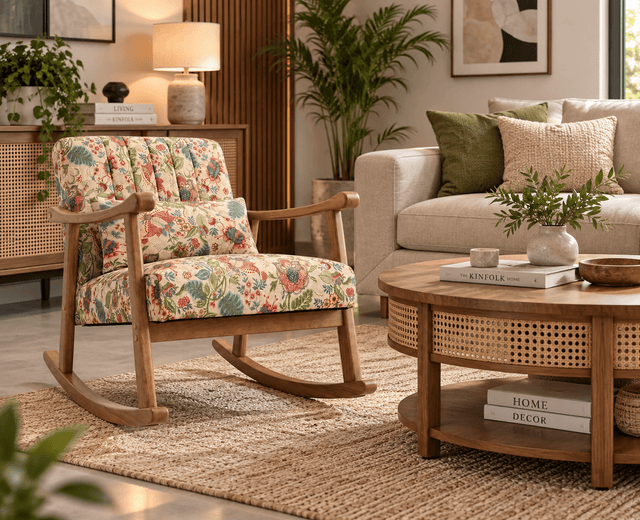 Elias Rubber Wood Rocking Chair with Cotton Fabric - Cream / Multicolor Floral Print