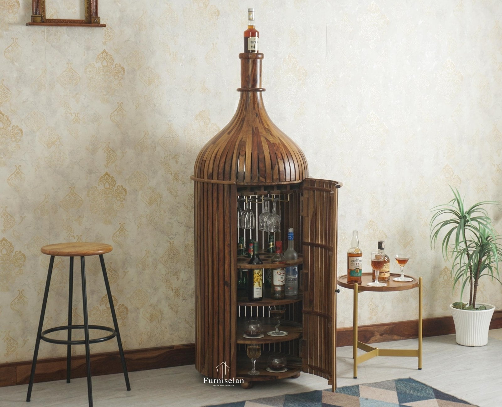 Florence Decanter Style Sheesham Wood Bar Cabinet with Glass Holder Furniselan Teak Finish