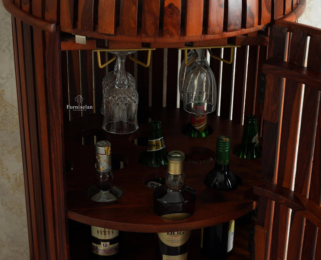 Florence Decanter Style Sheesham Wood Bar Cabinet with Glass Holder Furniselan Maple Finish