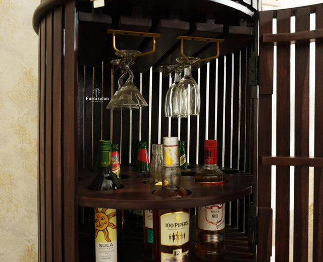 Florence Decanter Style Sheesham Wood Bar Cabinet with Glass Holder Furniselan grey Finish