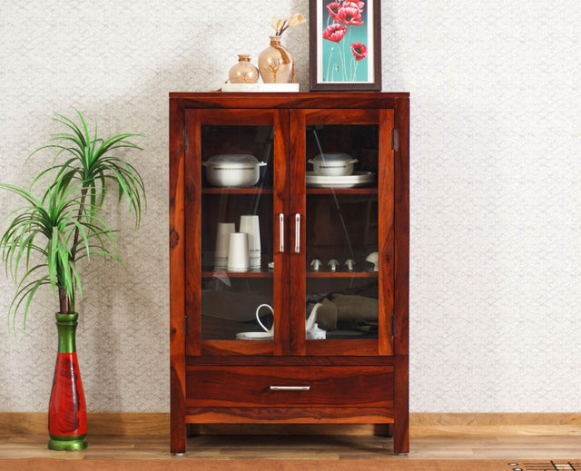 Guwahati Sheesham Wood Kitchen Crockery Cabinet Two Door One Drawer Furniselan - Maple-Finish