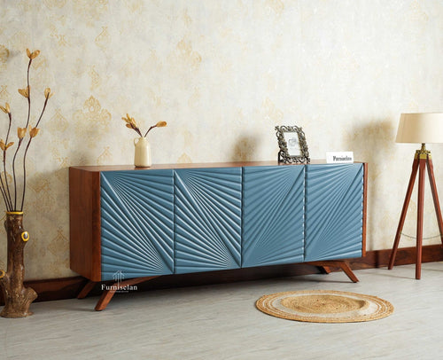 Hebbal Solid Wood Four Doors Sideboard Cabinet Furniselan Brown/China Blue