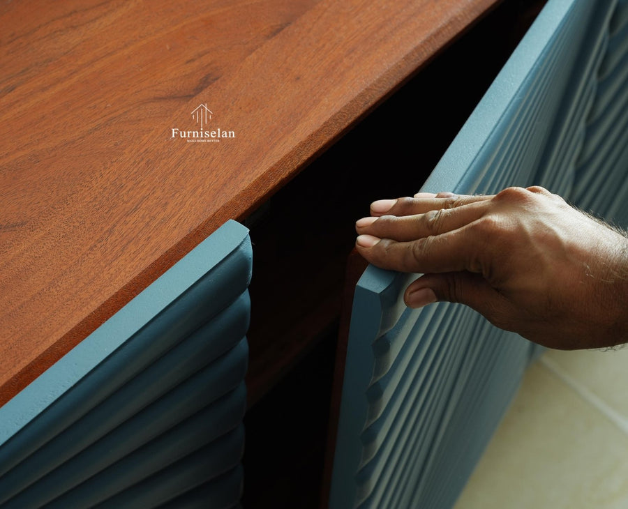Hebbal Solid Wood Four Doors Sideboard Cabinet Furniselan Brown/China Blue