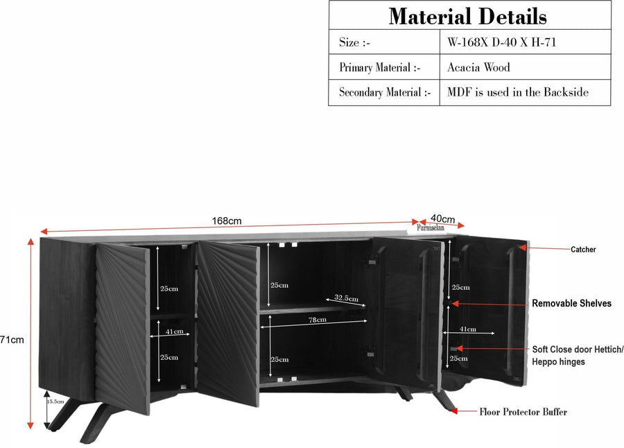 Hebbal Solid Wood Four Doors Sideboard Cabinet Furniselan Brown Finish