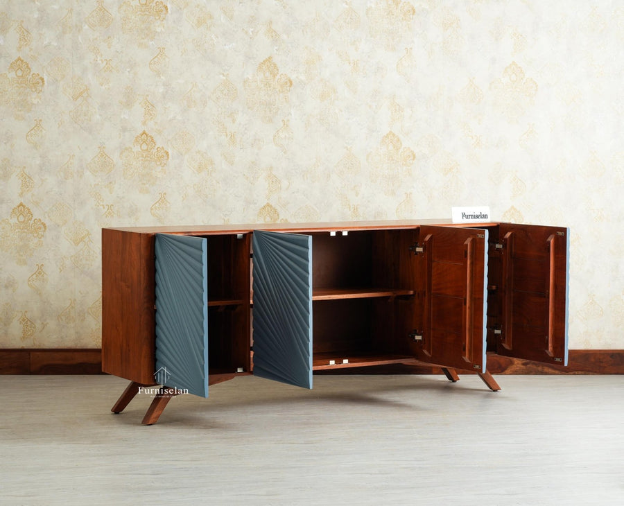 Hebbal Solid Wood Four Doors Sideboard Cabinet Furniselan Brown/China Blue