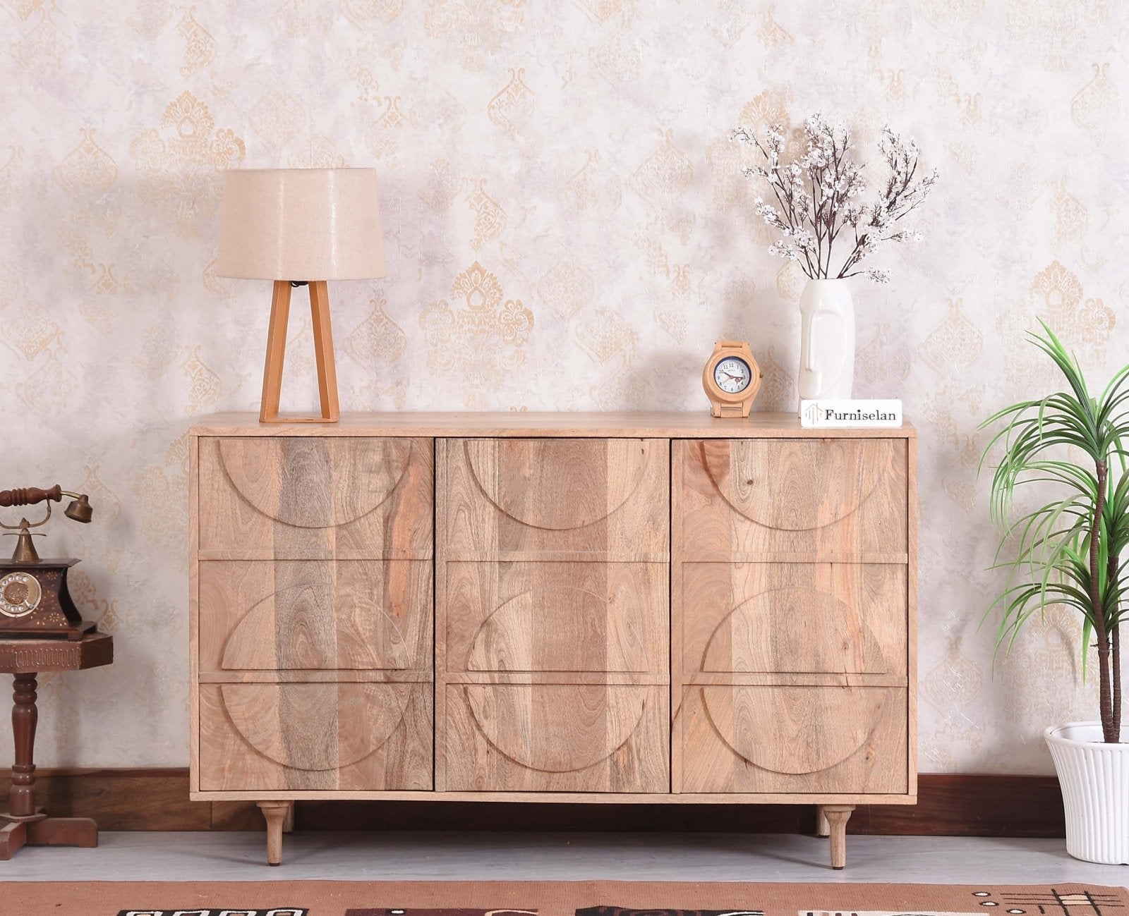 Horniman Circle Solid Wood Three Door Sideboard Cabinet- Furniselan- Natural Finish