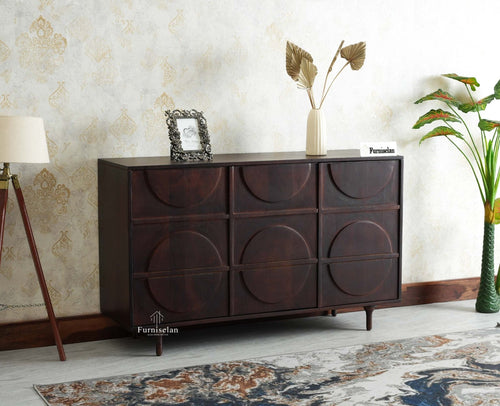 Horniman Circle Solid Wood Three Door Sideboard Cabinet Furniselan Grey Finish