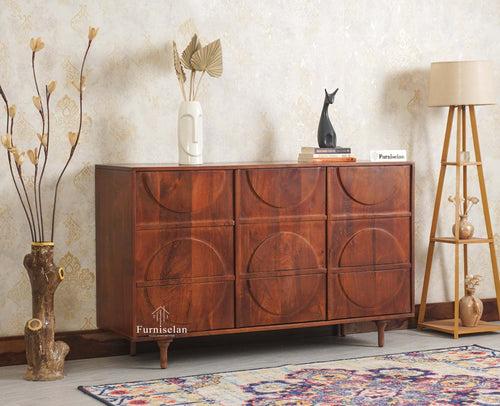 Horniman Circle Solid Wood Three Door Sideboard Cabinet Furniselan Brown Finish
