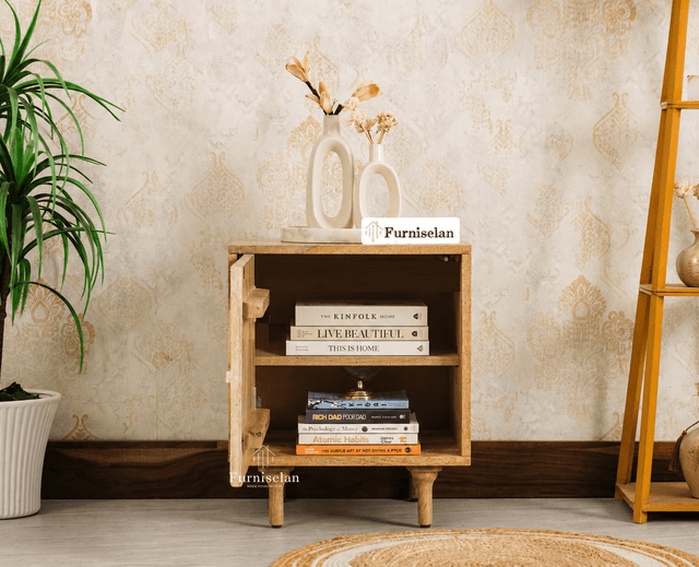 Horniman Circle Wooden One Door Bedside Table Nightstand Natural Finish