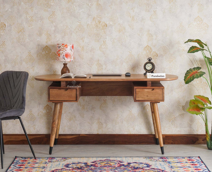 Hosur Solid Mango Wood Two Drawer Study Table - Console Table - Furniselan Natural-Oak-Finish