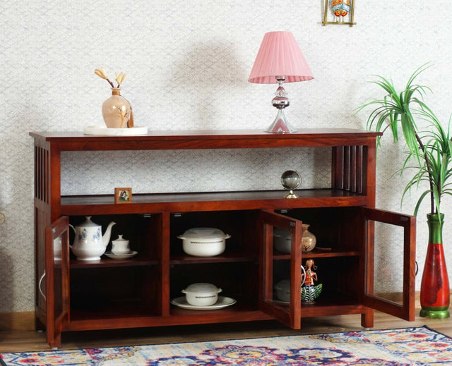 Kozhikode Sheesham Wood Three Door Kitchen Crockery Cabinet Furniselan - Maple-Finish