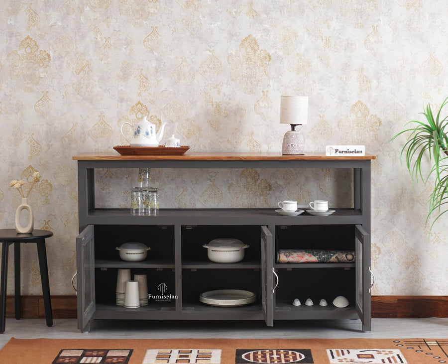 Kozhikode Sheesham Wood Three Door Kitchen Crockery Cabinet - Tv Cabinet - Furniselan - Slate-Grey