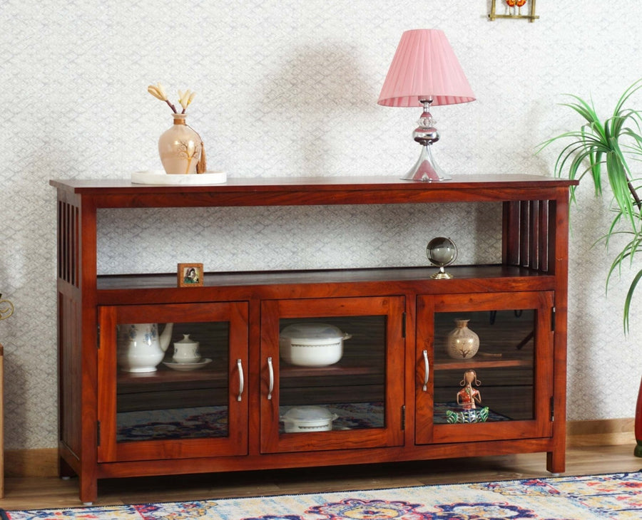 Kozhikode Sheesham Wood Three Door Kitchen Crockery Cabinet Furniselan - Maple-Finish