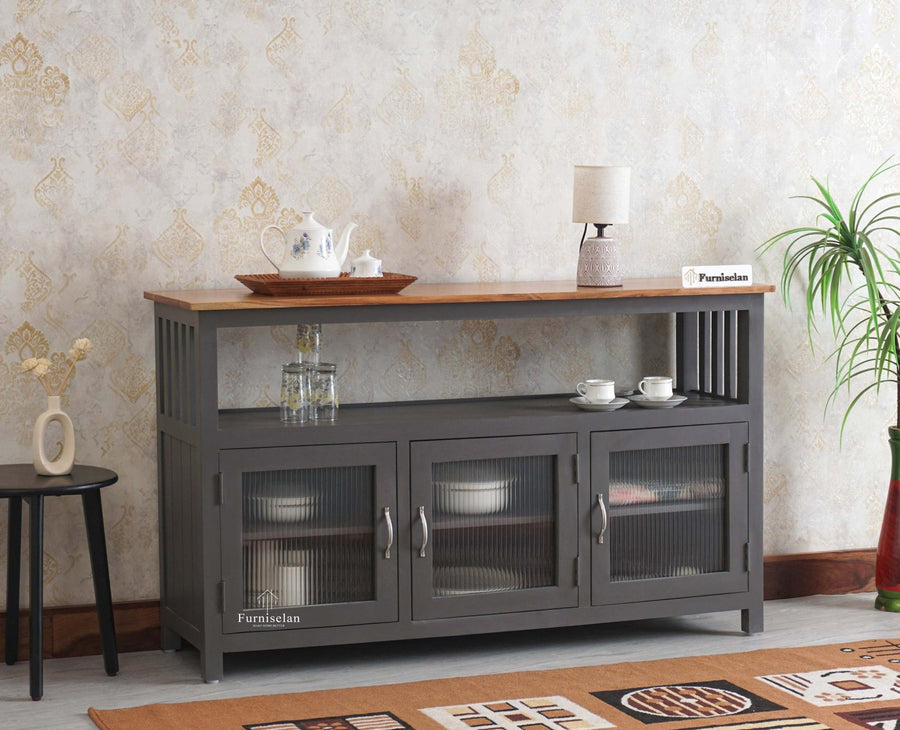 Kozhikode Sheesham Wood Three Door Kitchen Crockery Cabinet - Tv Cabinet - Furniselan - Slate-Grey