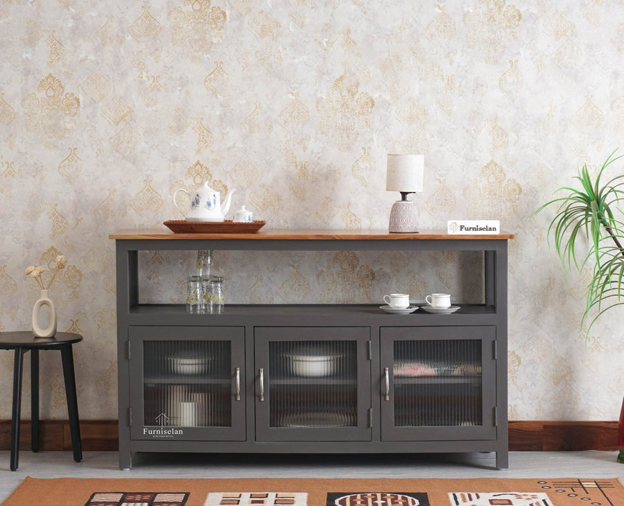 Kozhikode Sheesham Wood Three Door Kitchen Crockery Cabinet - Tv Cabinet - Furniselan - Slate-Grey