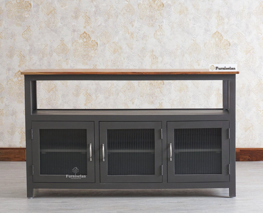 Kozhikode Sheesham Wood Three Door Kitchen Crockery Cabinet - Tv Cabinet - Furniselan - Slate-Grey