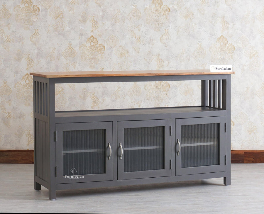 Kozhikode Sheesham Wood Three Door Kitchen Crockery Cabinet - Tv Cabinet - Furniselan - Slate-Grey