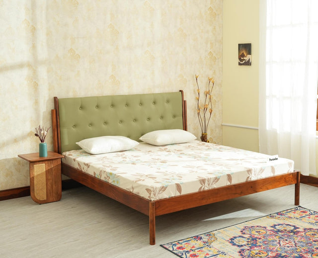 London Classic Wooden King Upholstered Bed Teak Finish