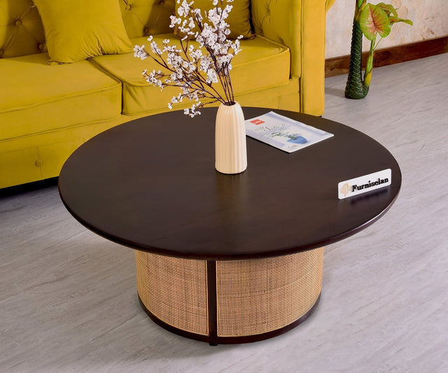 Luton Rattan Cane Wooden Round Coffee Table - Coffee Table - Furniselan - Grey-Finish