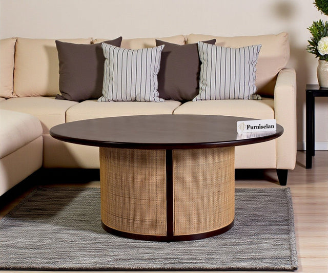 Luton Rattan Cane Wooden Round Coffee Table - Coffee Table - Furniselan - Grey-Finish