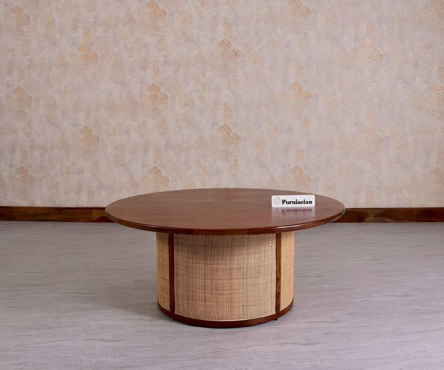 Luton Rattan Cane Wooden Round Coffee Table - Coffee Table - Furniselan - Brown-Finish