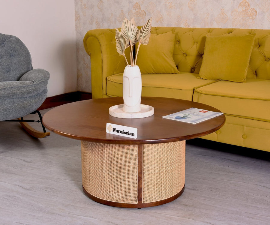 Luton Rattan Cane Wooden Round Coffee Table - Coffee Table - Furniselan - Brown-Finish
