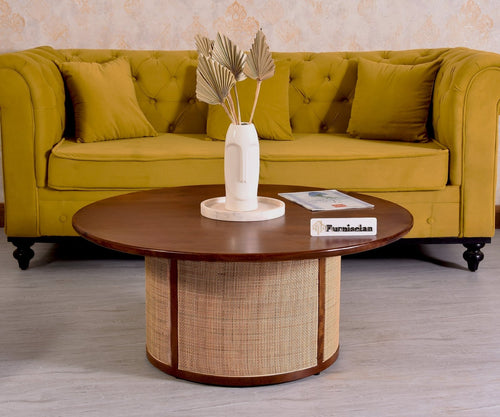 Luton Rattan Cane Wooden Round Coffee Table - Coffee Table - Furniselan - Brown-Finish