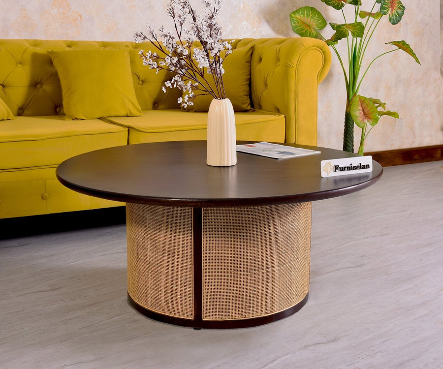 Luton Rattan Cane Wooden Round Coffee Table - Coffee Table - Furniselan - Grey-Finish