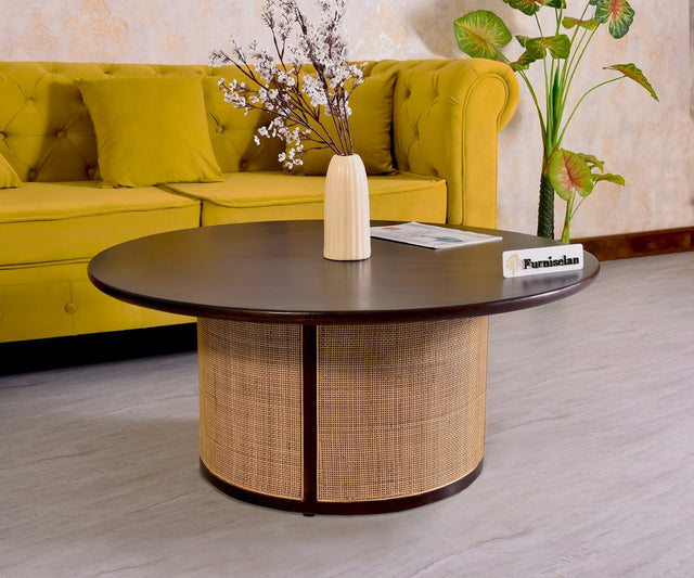 Luton Rattan Cane Wooden Round Coffee Table - Coffee Table - Furniselan - Grey-Finish
