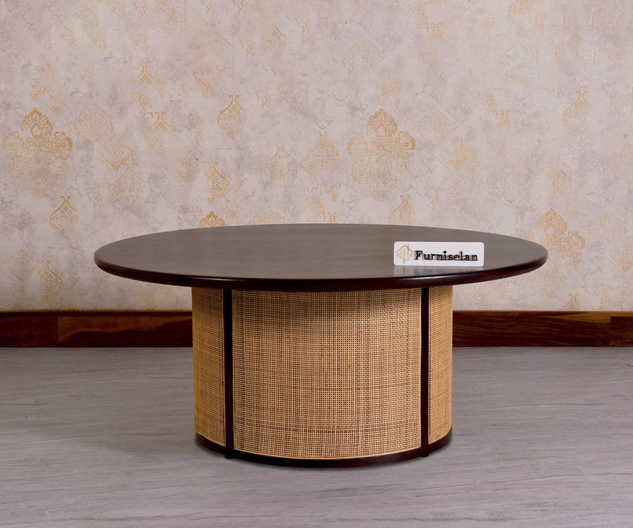 Luton Rattan Cane Wooden Round Coffee Table - Coffee Table - Furniselan - Grey-Finish