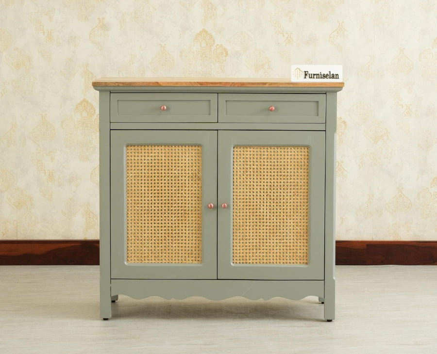 Maison Wooden Cane Premium Sideboard –  2 Drawer Storage Cabinet with Doors Cool Grey