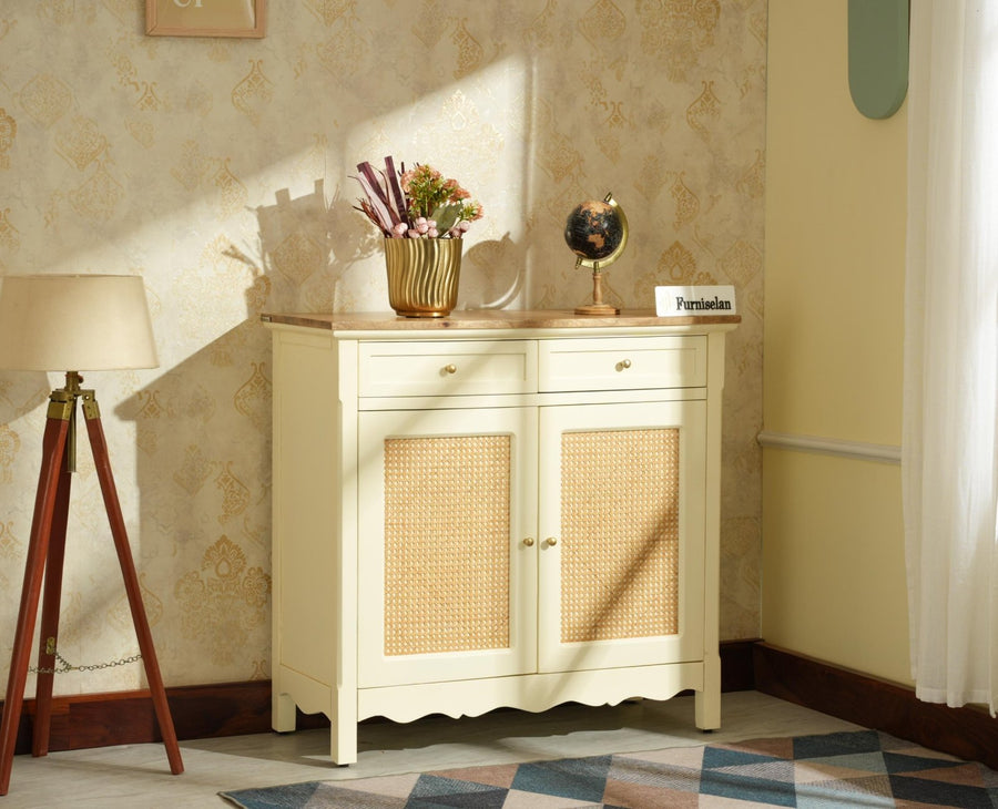 Maison Wooden Cane Premium Sideboard –  2 Drawer Storage Cabinet with Doors Frosty White