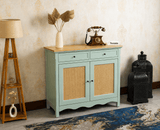 Maison Wooden Cane Premium Sideboard –  2 Drawer Storage Cabinet with Doors Silt Green