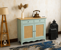 Maison Wooden Cane Premium Sideboard –  2 Drawer Storage Cabinet with Doors Silt Green