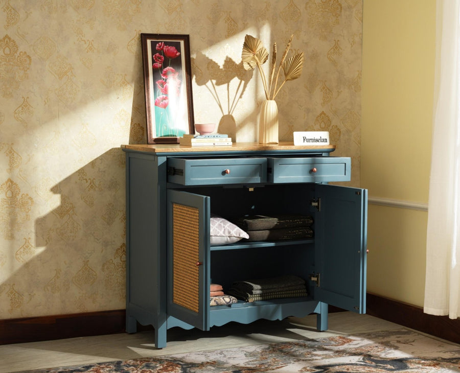 Maison Wooden Cane Premium Sideboard –  2 Drawer Storage Cabinet with Doors China Blue