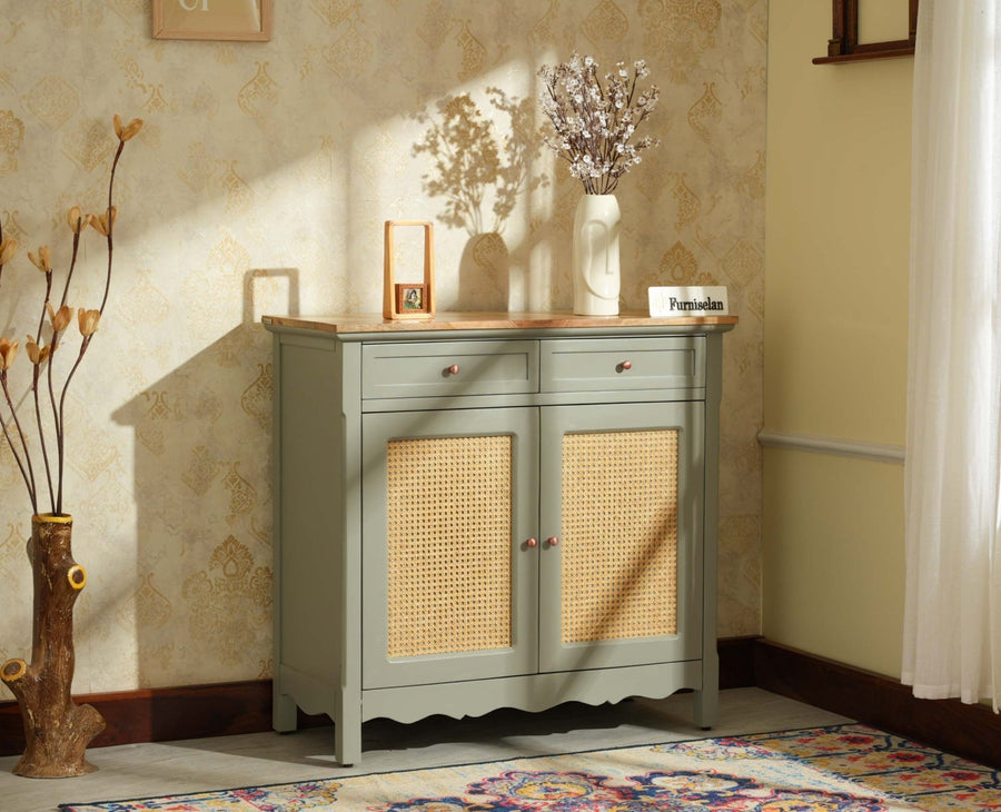 Maison Wooden Cane Premium Sideboard –  2 Drawer Storage Cabinet with Doors Cool Grey
