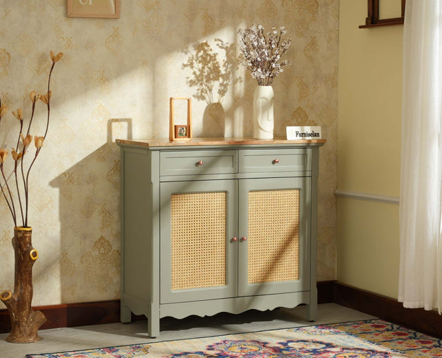 Maison Wooden Cane Premium Sideboard –  2 Drawer Storage Cabinet with Doors Cool Grey