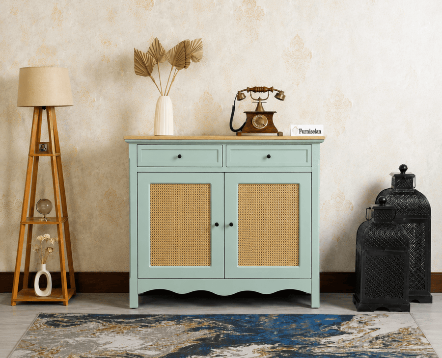 Maison Wooden Cane Premium Sideboard –  2 Drawer Storage Cabinet with Doors Silt Green