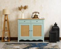 Maison Wooden Cane Premium Sideboard –  2 Drawer Storage Cabinet with Doors Silt Green