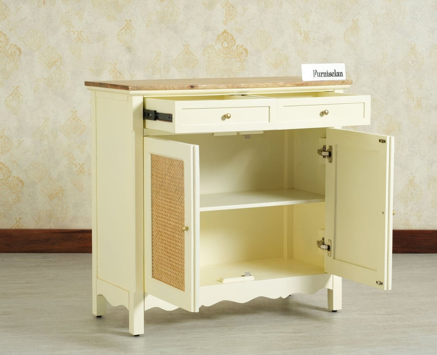 Maison Wooden Cane Premium Sideboard –  2 Drawer Storage Cabinet with Doors Frosty White