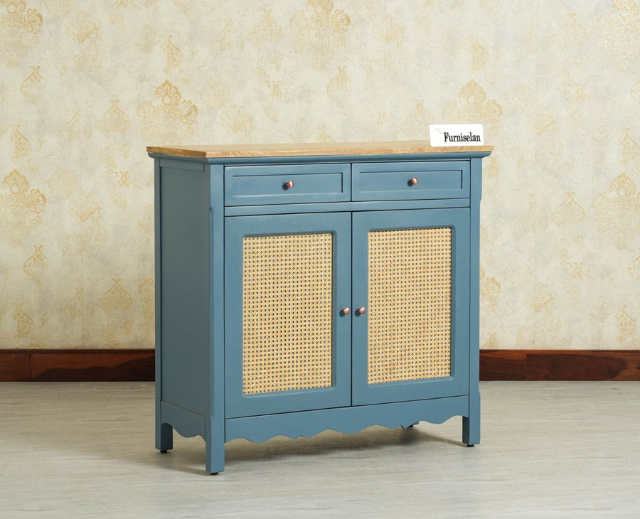 Maison Wooden Cane Premium Sideboard –  2 Drawer Storage Cabinet with Doors China Blue